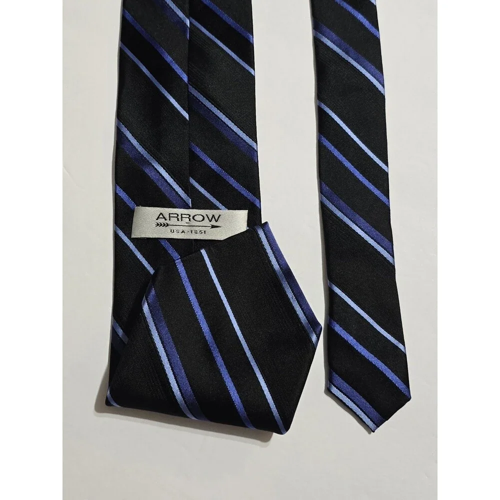 Arrow USA 1851 100% Silk Necktie Classic Striped Pattern Of Black & Blue Tie